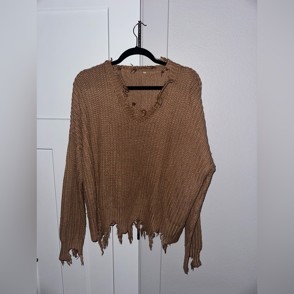 Entro Brown Distressed V-Neck Sweater
